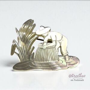 Vintage Mother of Pearl Carved Brooch Filipino Rice Farmer Scene
